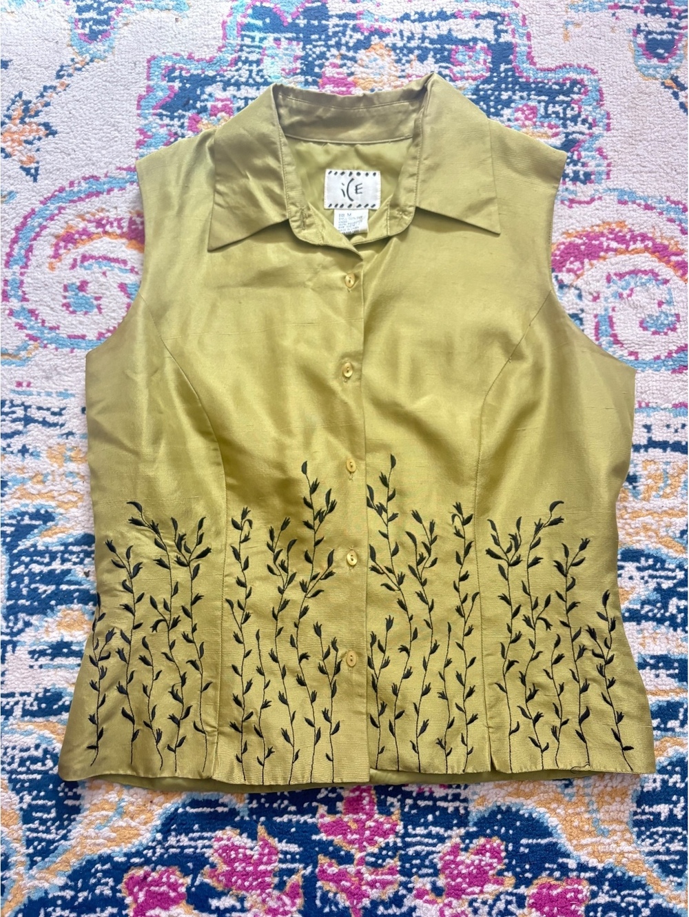 Vtg 90s Y2K iCE Silk Embroidered Sleeveless Top Olive Green Chartreuse Medium